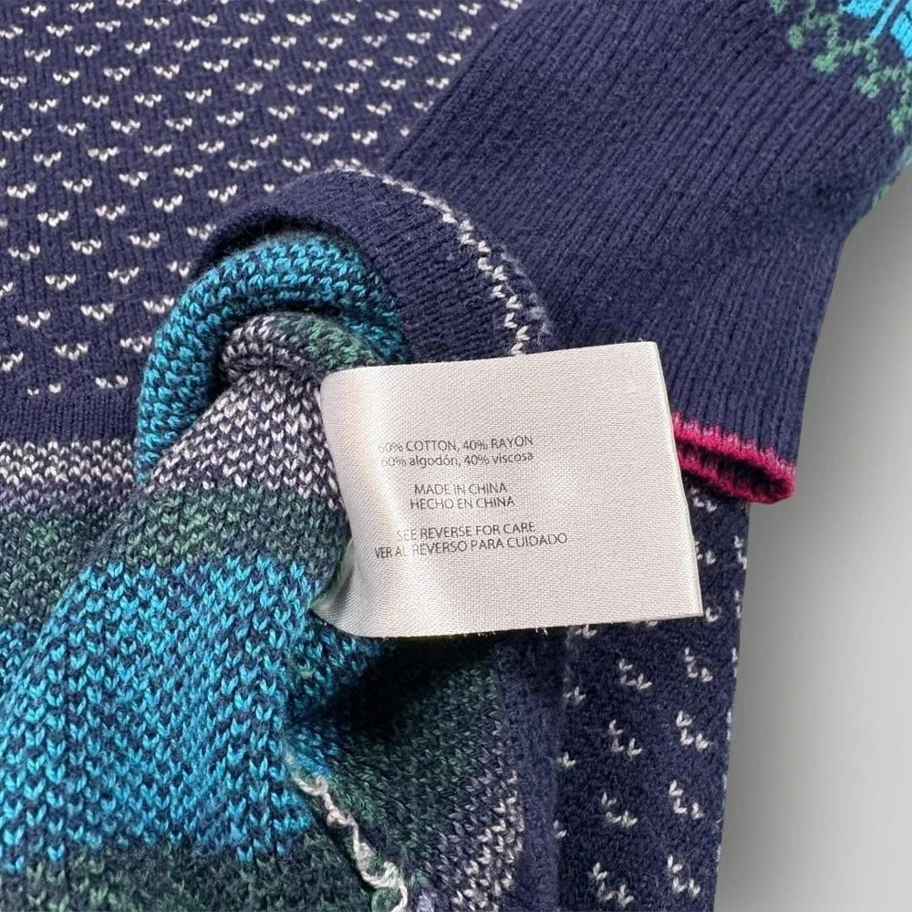 Eddie Bauer Sweater Tunic Womens Large Blue‎ Fair Isle 1/4 Zip Mock Neck Knit